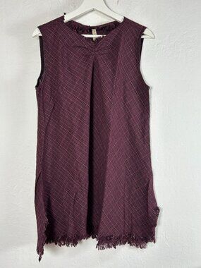 Cynthia Ashby Womens Wine Red Plaid Tunic Top Medium Fringed Sleeveless New
